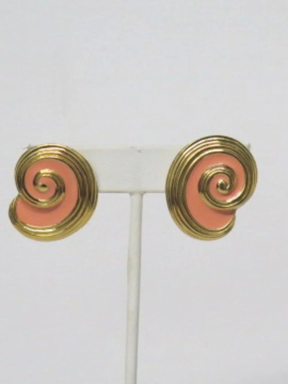 Vintage Gold Tone Coral Enamel Spiral Swirl Statement Earrings